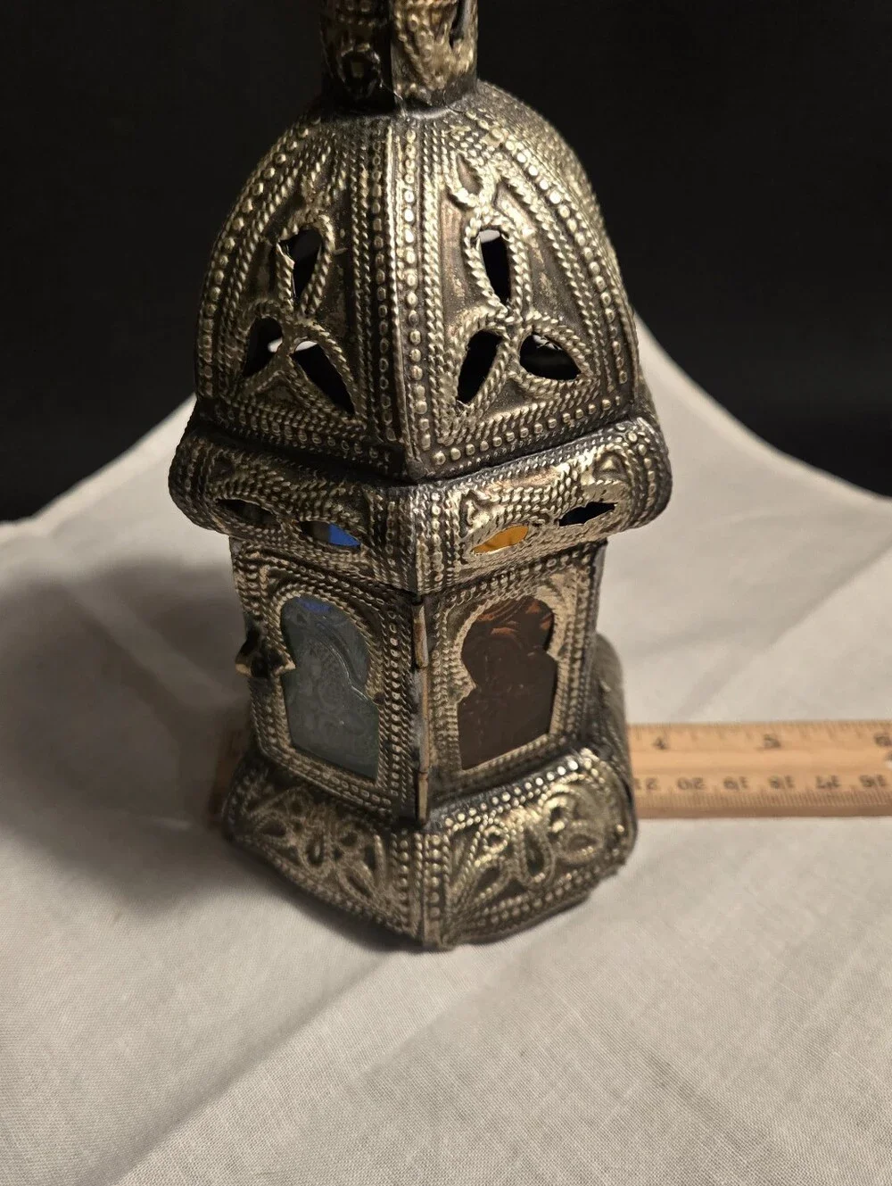 Intricate Silver Metal Moroccan-Style Lantern with Colored Glass